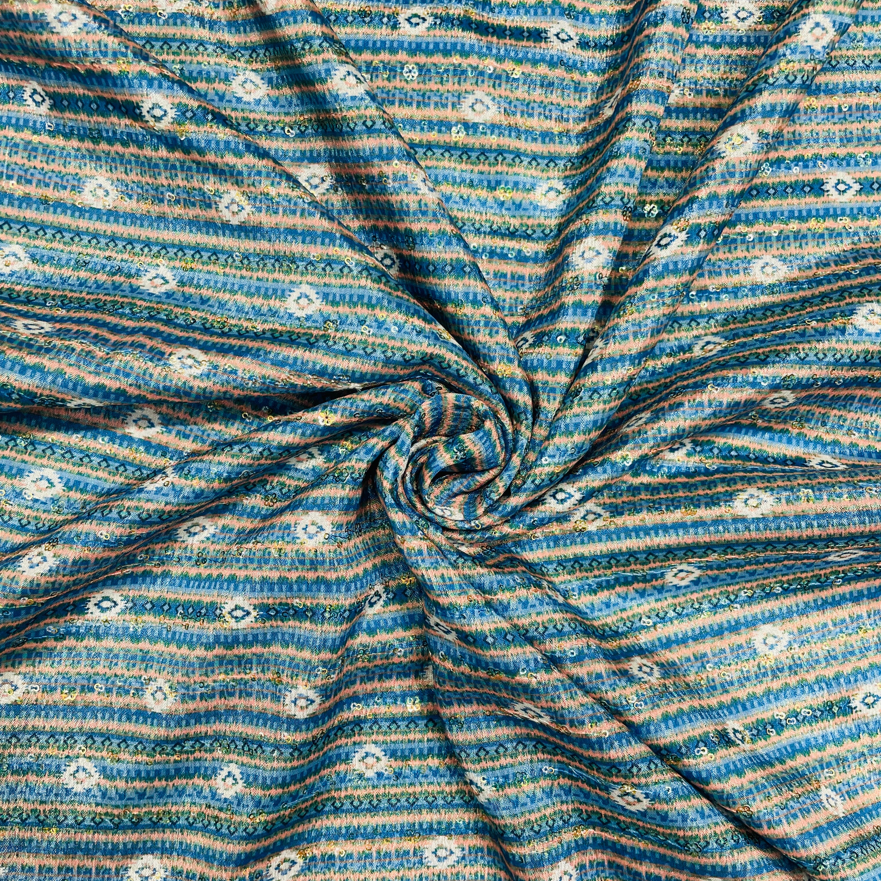 Blue & Green Stripe Print Chinon Fabric - TradeUNO