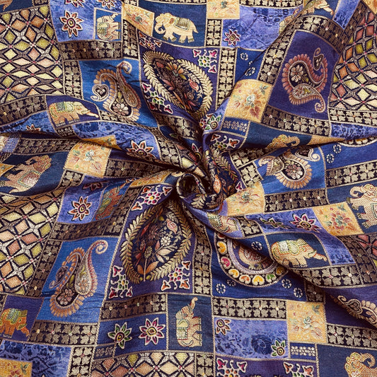 Purple & Multicolor Position Print With Zari Jacquard Dola Silk Fabric