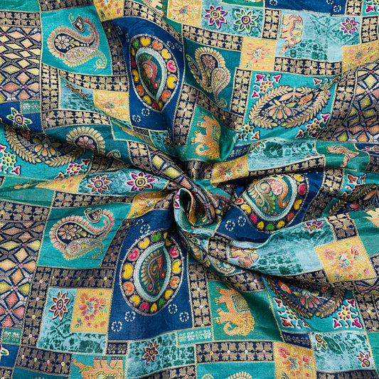 Green & Multicolor Position Print With Zari Jacquard Dola Silk Fabric