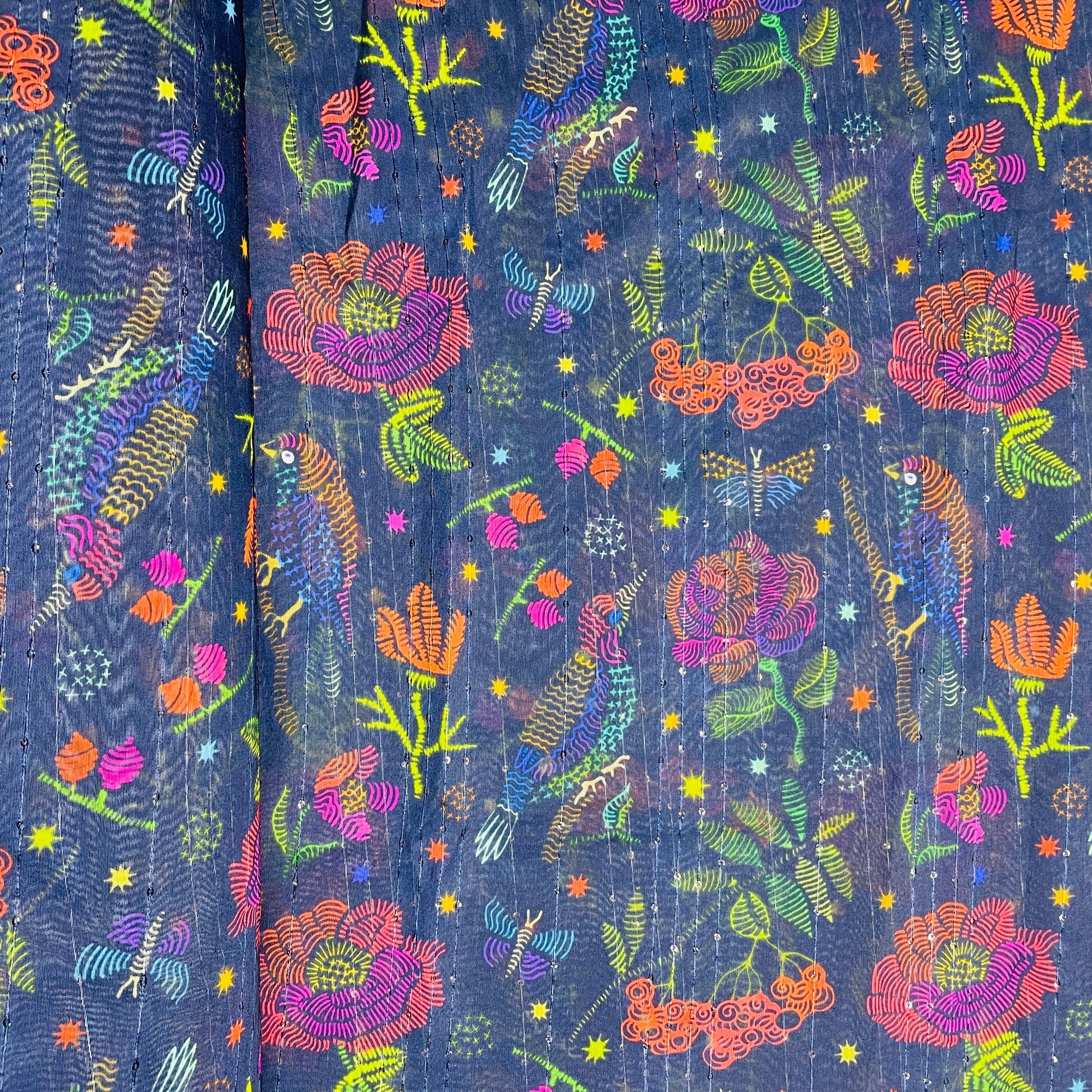 Navy Blue & Multicolor Floral Sequence Chanderi Fabric - TradeUNO