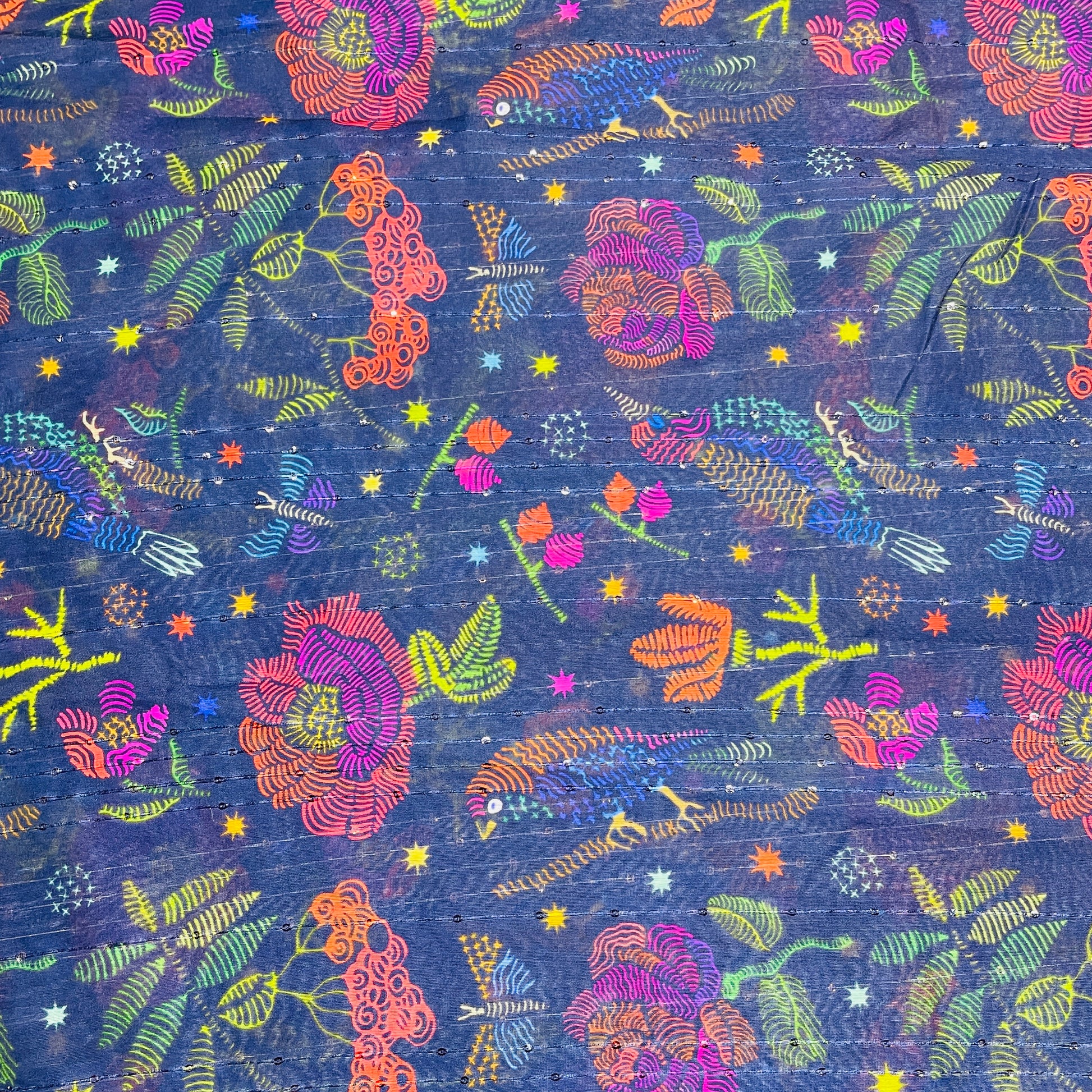 Navy Blue & Multicolor Floral Sequence Chanderi Fabric - TradeUNO
