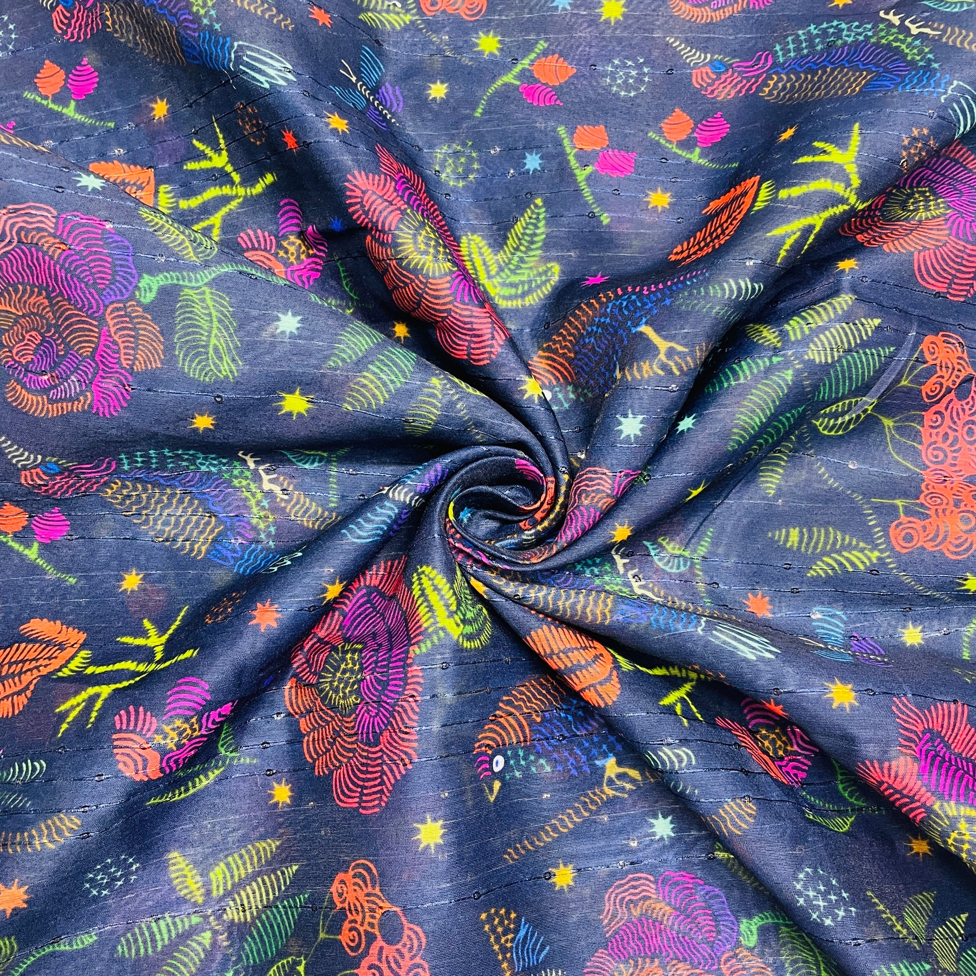 Navy Blue & Multicolor Floral Sequence Chanderi Fabric - TradeUNO