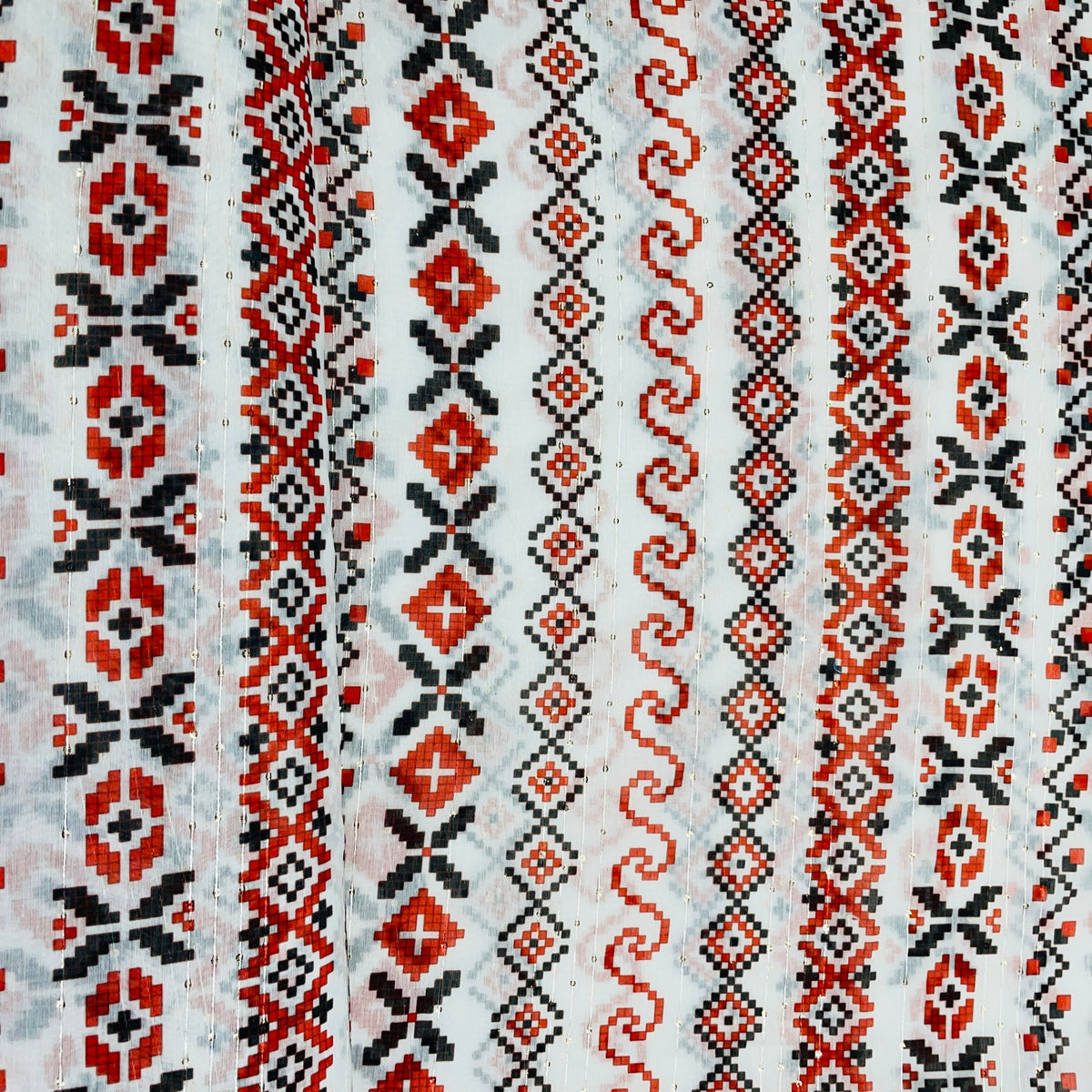 White & Multicolor Geometerical Sequence Chanderi Fabric - TradeUNO