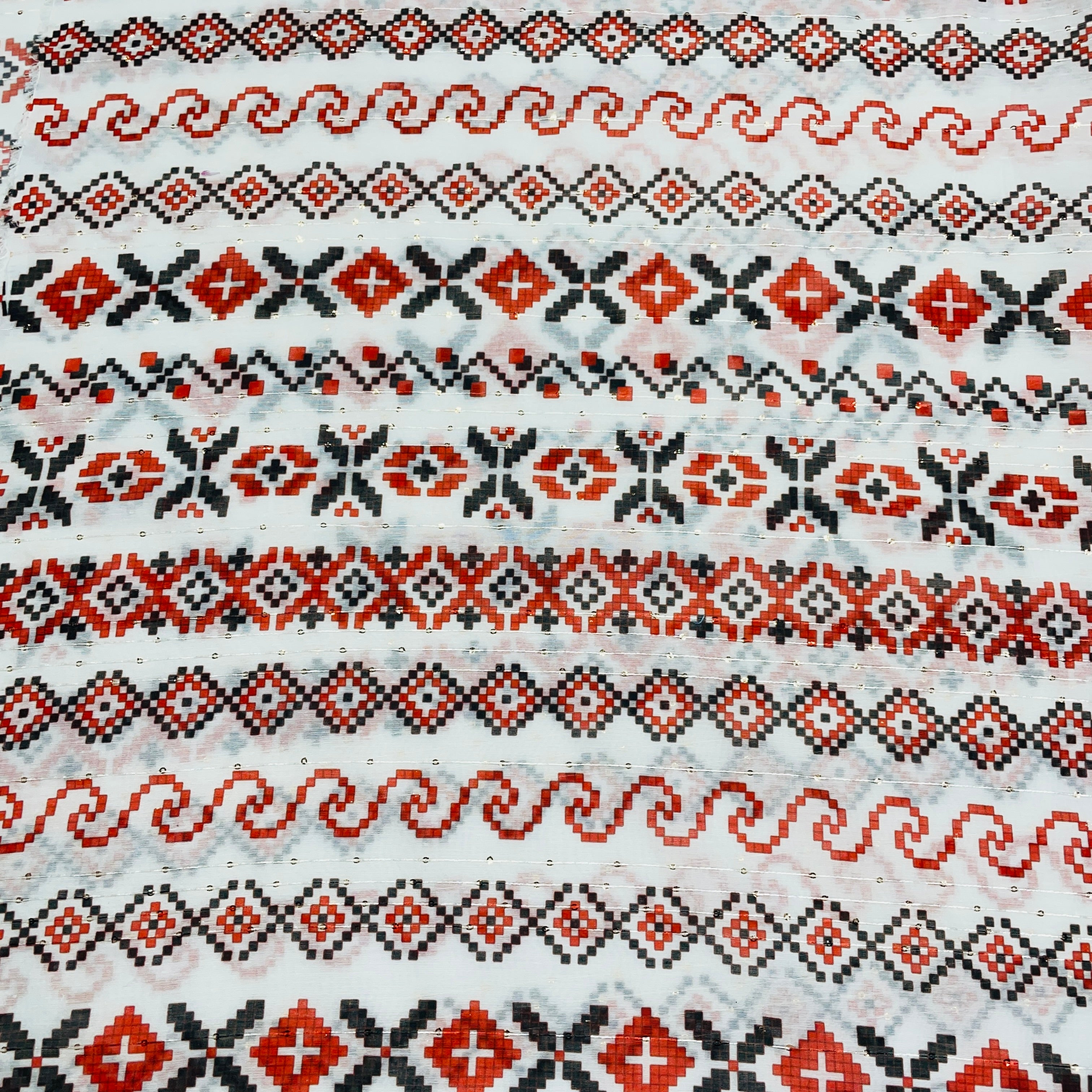 White & Multicolor Geometerical Sequence Chanderi Fabric - TradeUNO