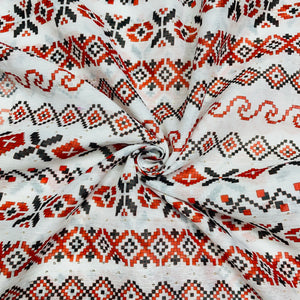 White & Multicolor Geometerical Sequence Chanderi Fabric - TradeUNO