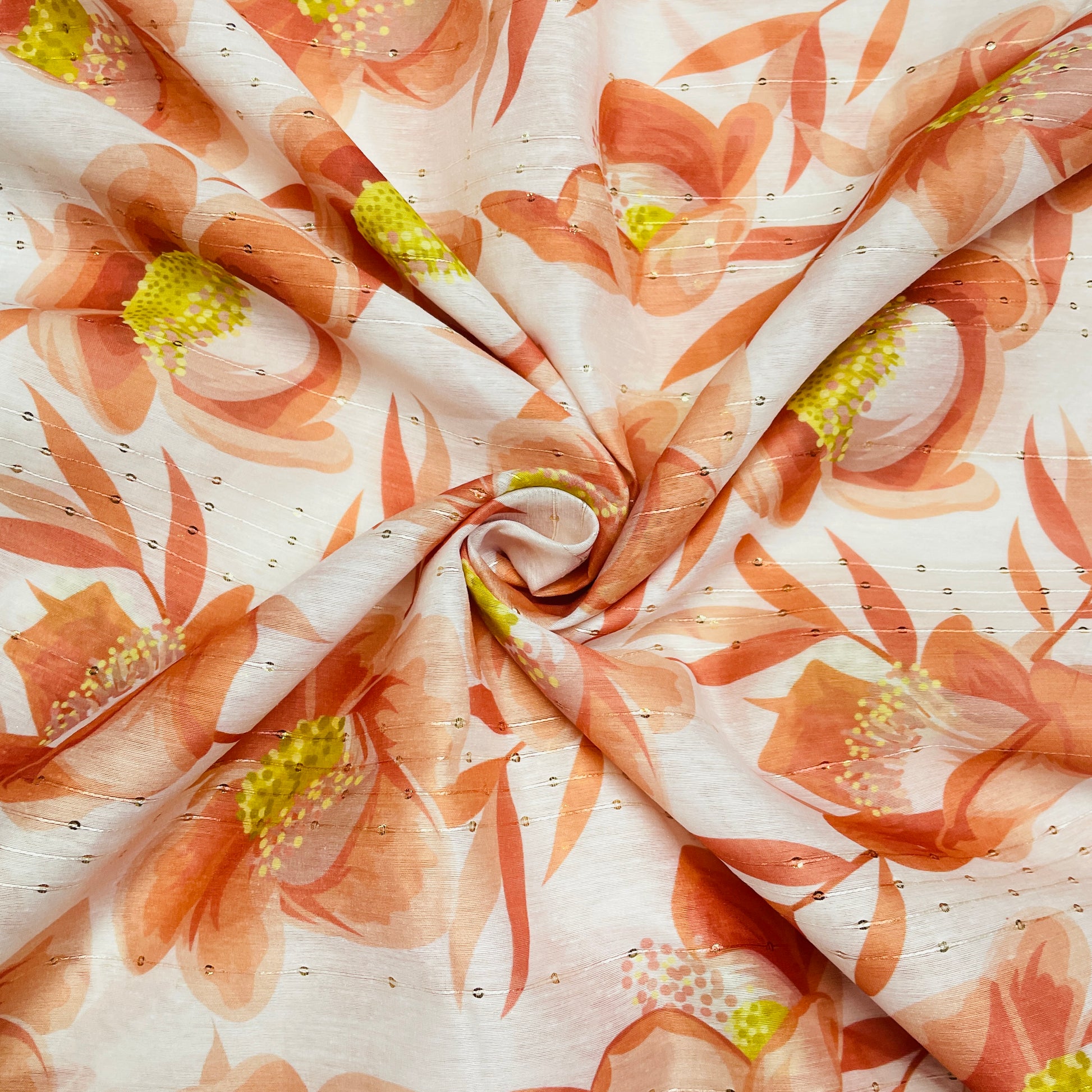 Pink & Orange Floral Sequence Chanderi Fabric - TradeUNO
