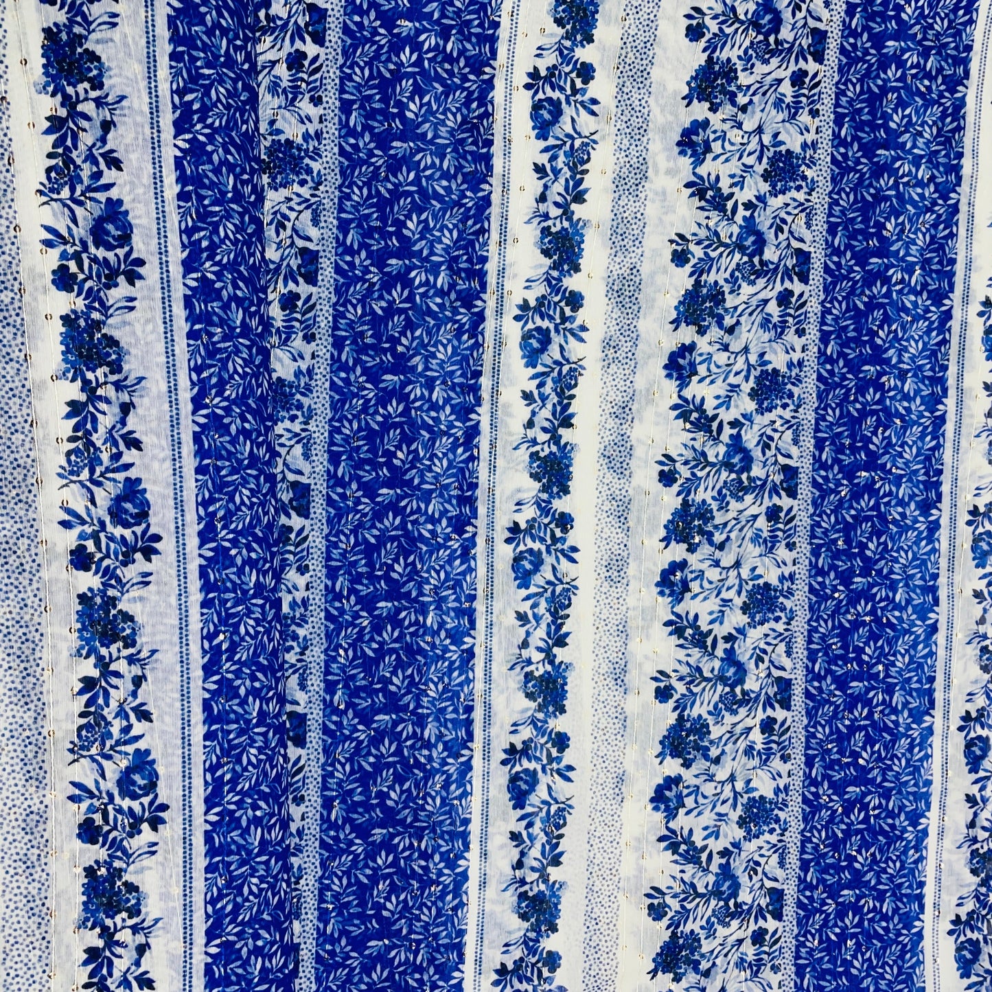 White & Blue Floral Sequence Chanderi Fabric - TradeUNO