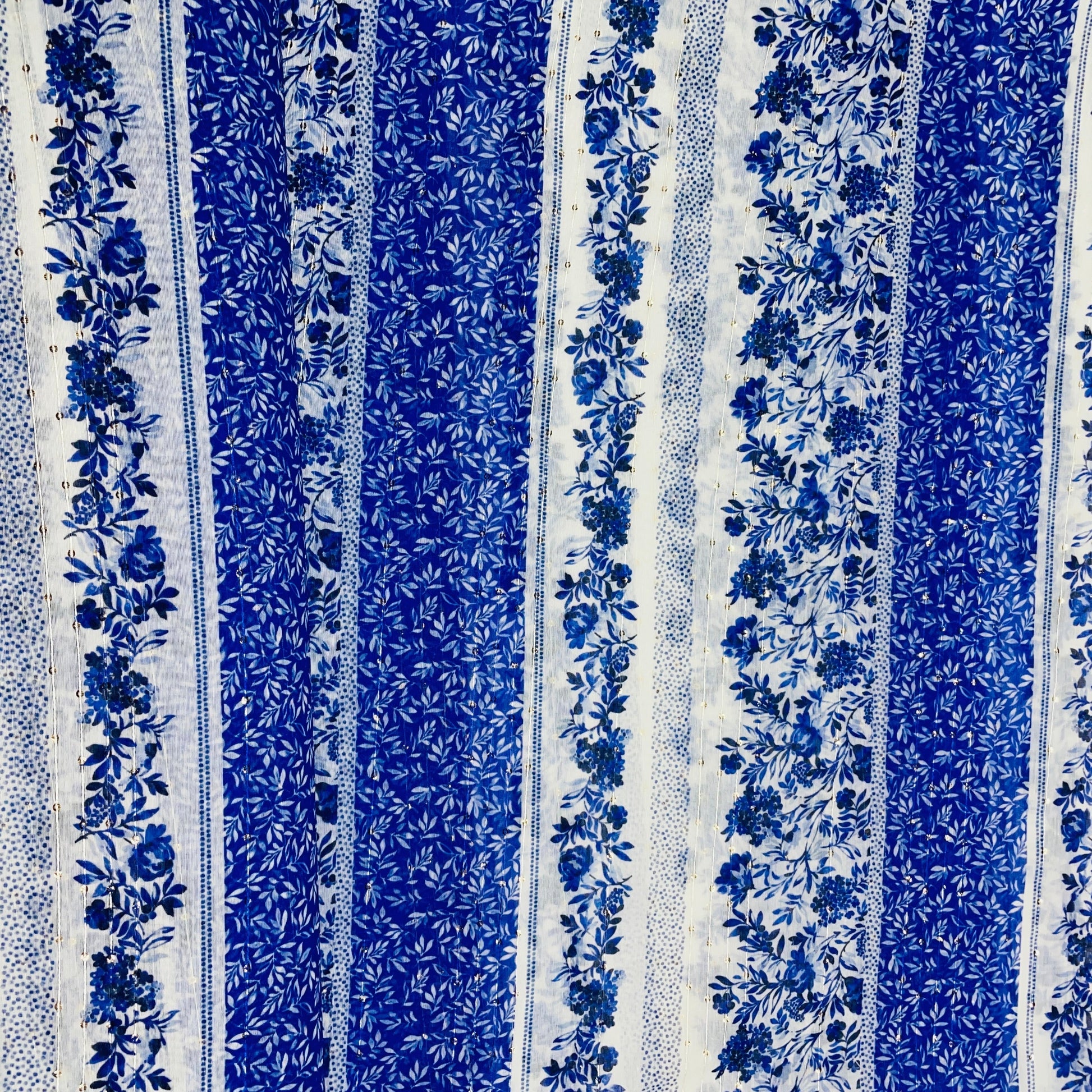 White & Blue Floral Sequence Chanderi Fabric - TradeUNO