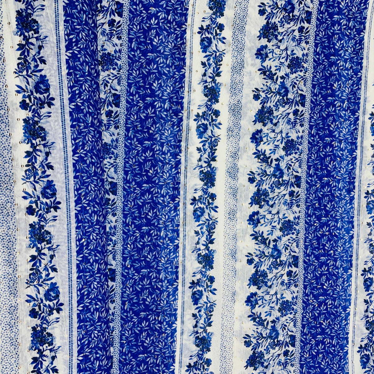 White & Blue Floral Sequence Chanderi Fabric - TradeUNO