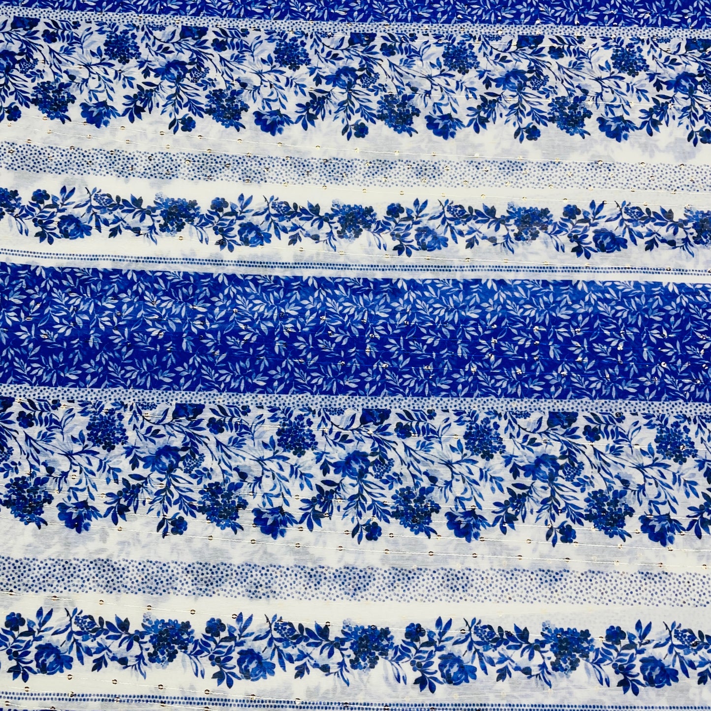 White & Blue Floral Sequence Chanderi Fabric - TradeUNO