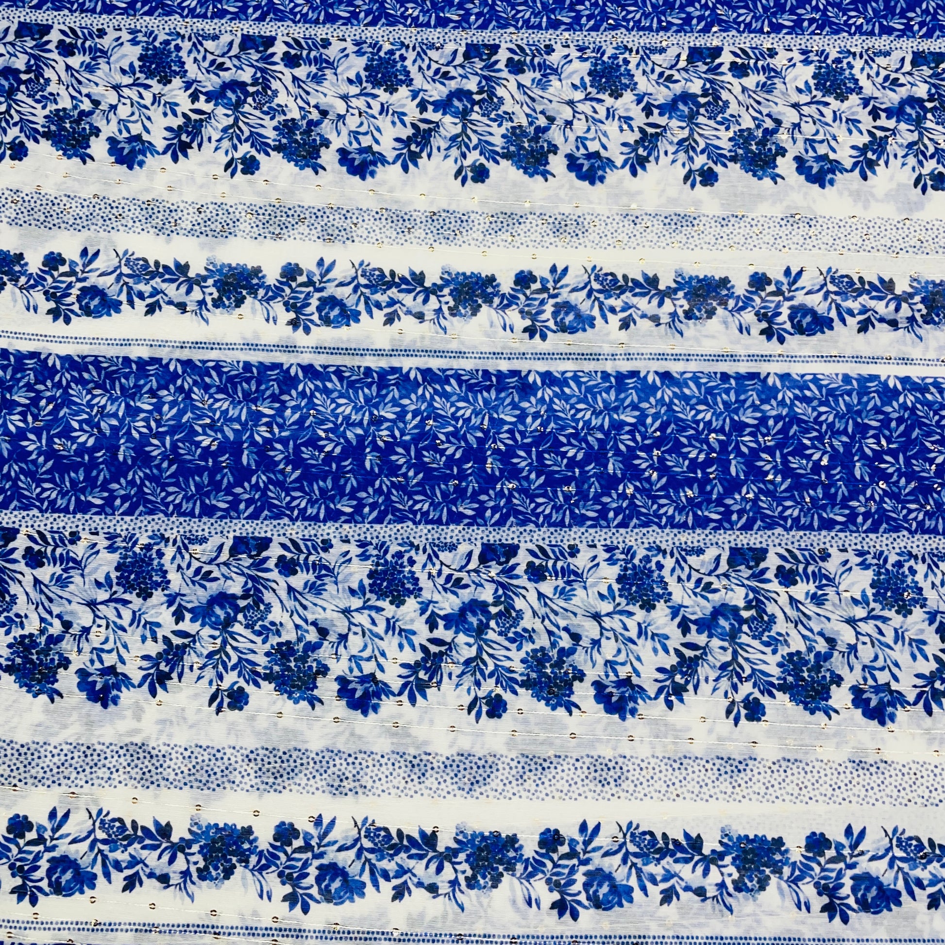 White & Blue Floral Sequence Chanderi Fabric - TradeUNO