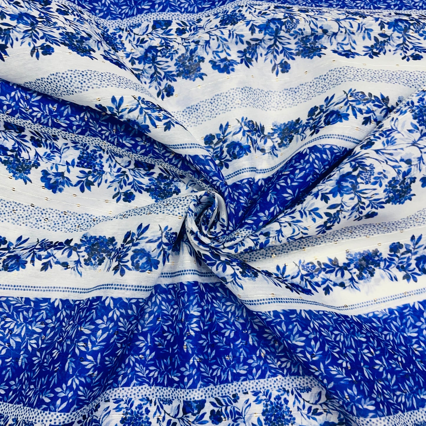 White & Blue Floral Sequence Chanderi Fabric - TradeUNO