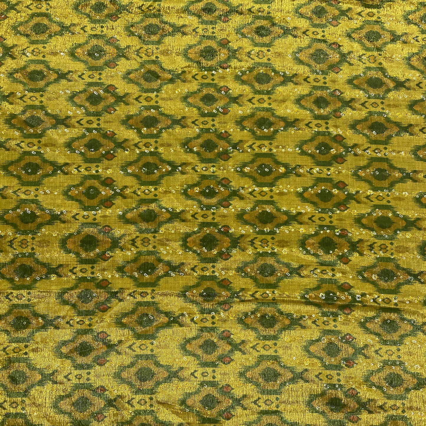 Olive Green Ikkat Print Chinon Fabric - TradeUNO