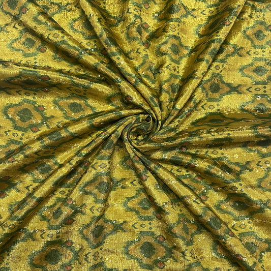 Olive Green Ikkat Print Chinon Fabric