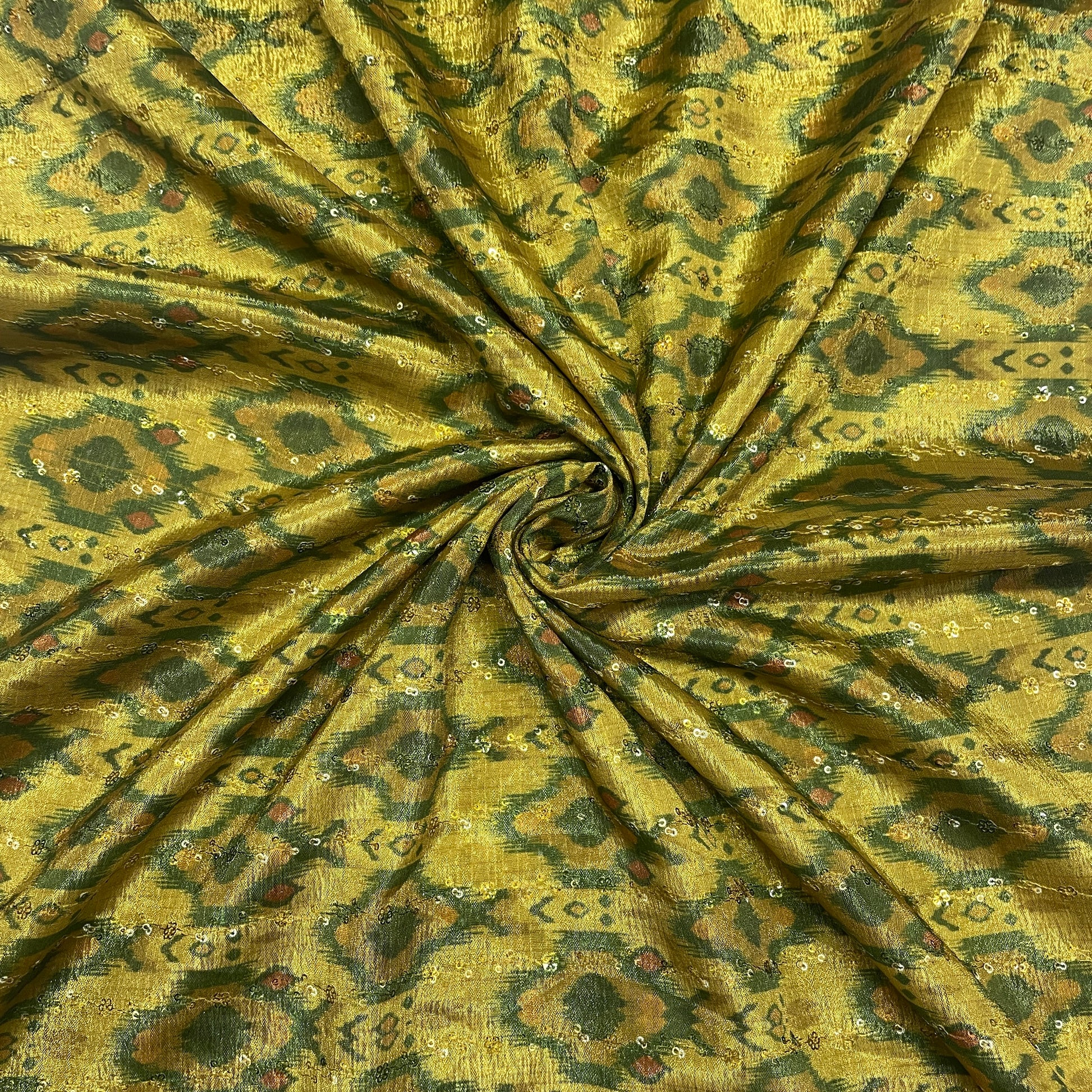 Olive Green Ikkat Print Chinon Fabric - TradeUNO