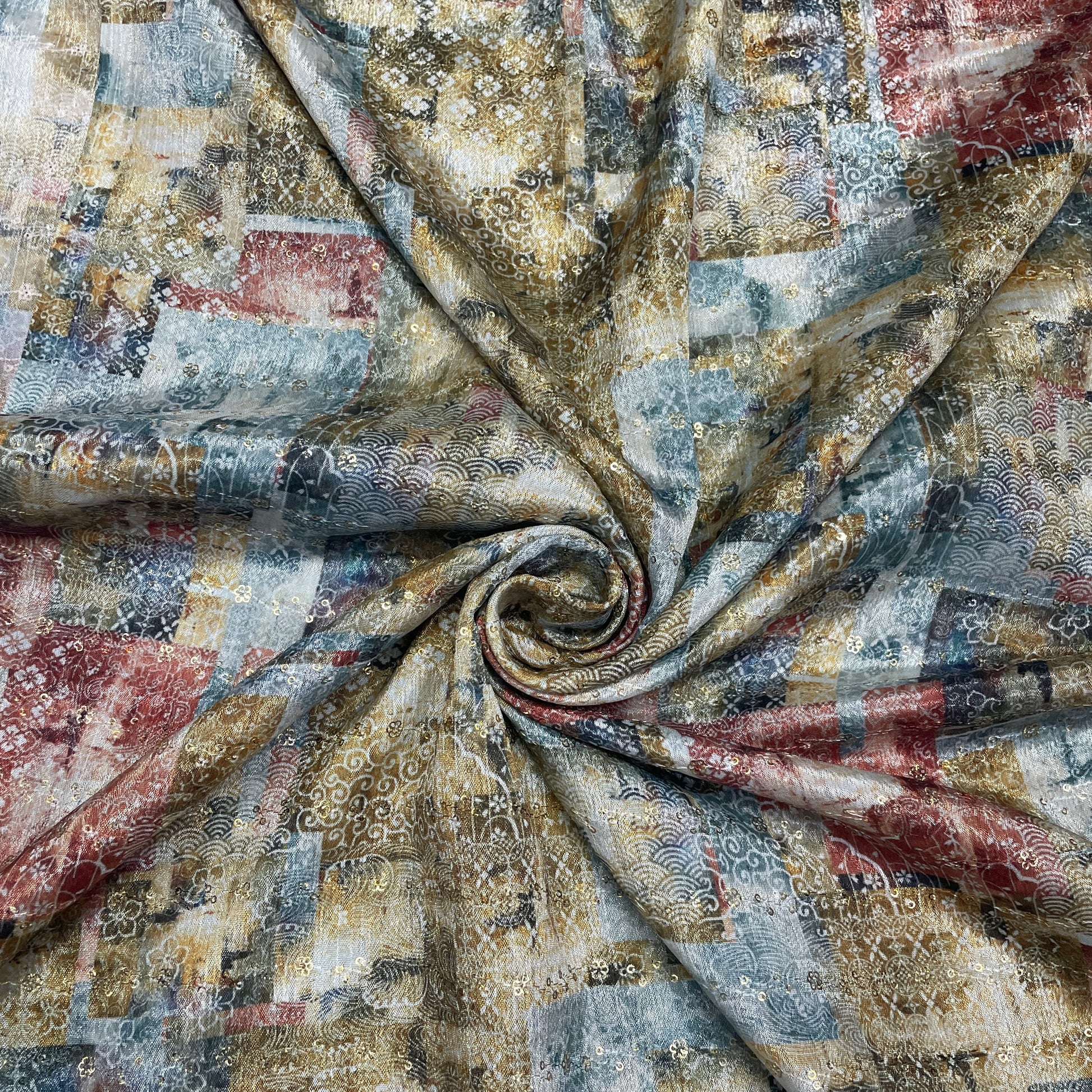 yellow & Multicolor Traditional print Chinon Fabric - TradeUNO