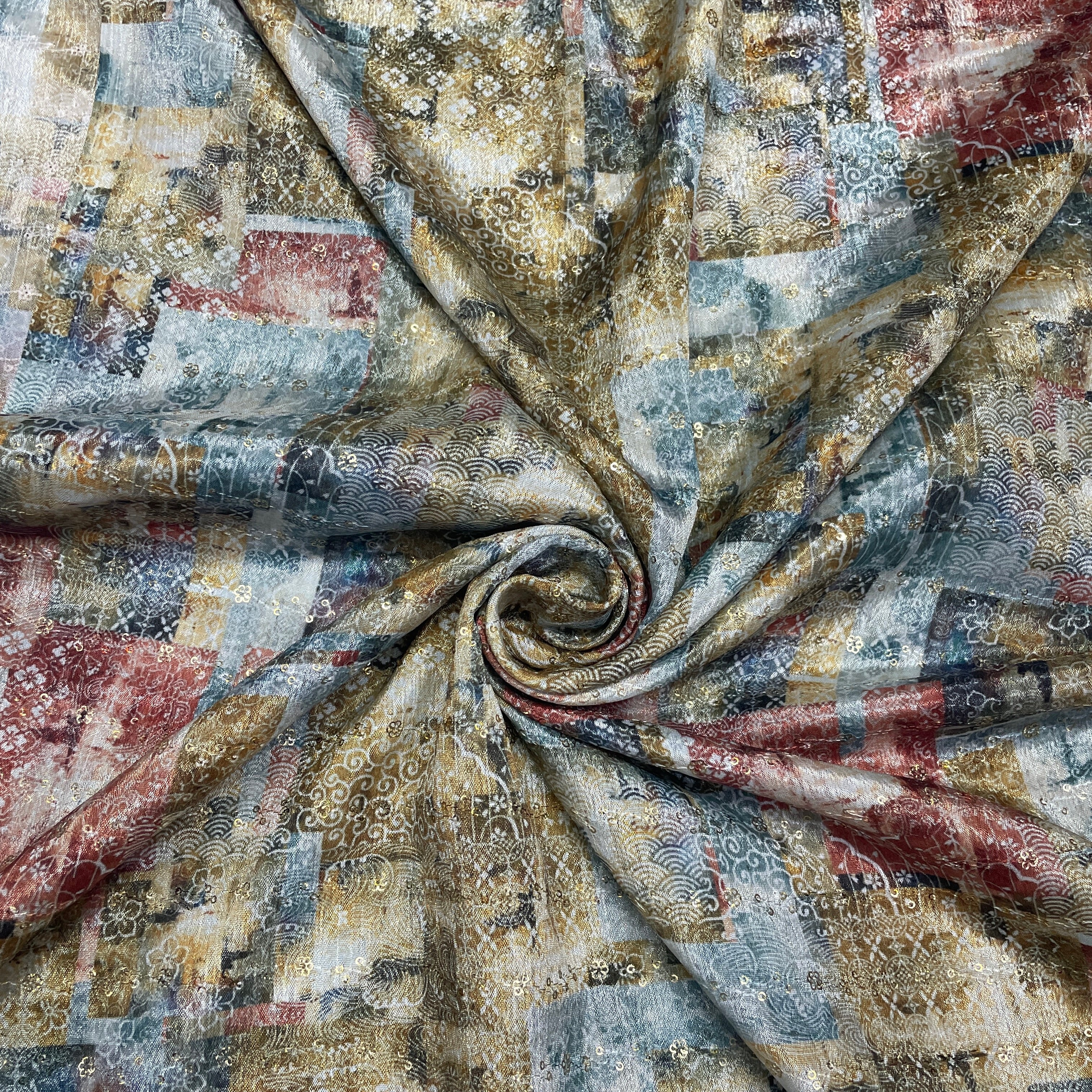yellow & Multicolor Traditional print Chinon Fabric - TradeUNO