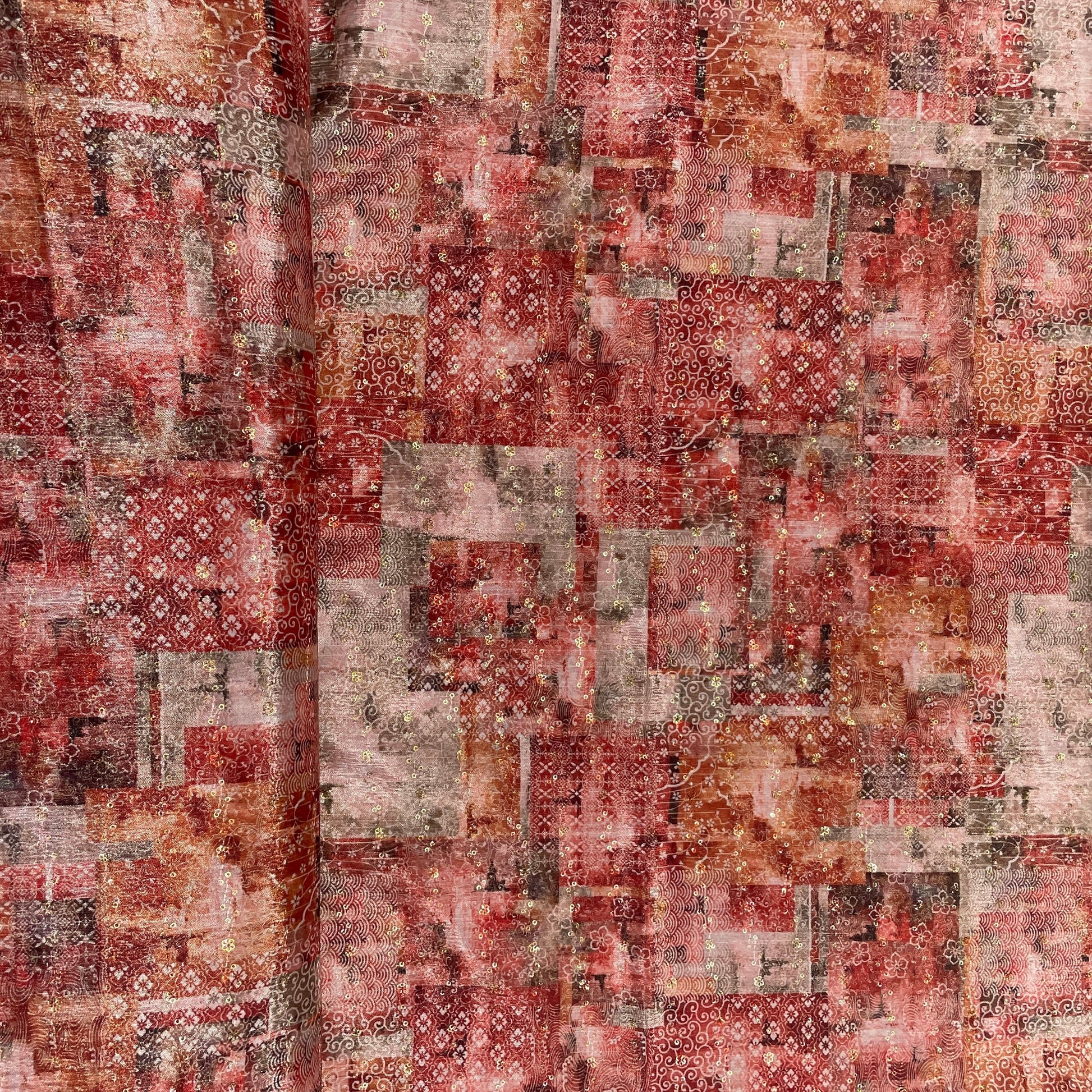 Peach & multicolor Traditional print Chinon Fabric - TradeUNO