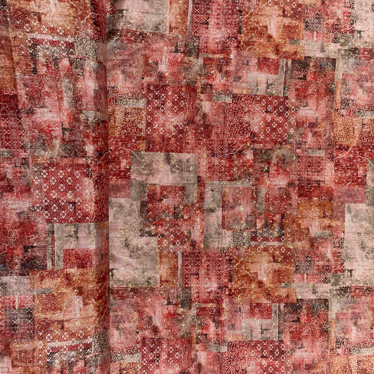 Peach & multicolor Traditional print Chinon Fabric - TradeUNO