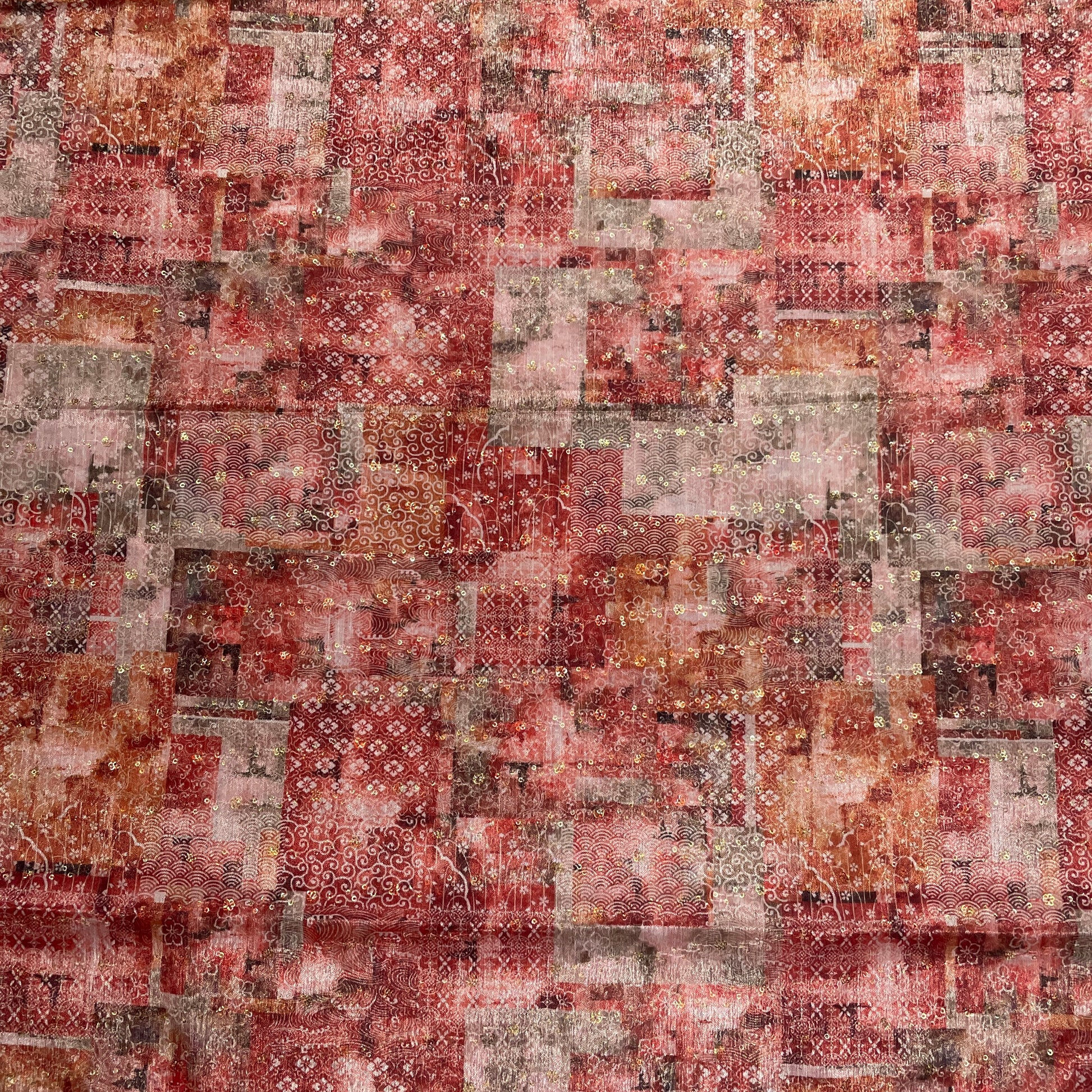 Peach & multicolor Traditional print Chinon Fabric - TradeUNO