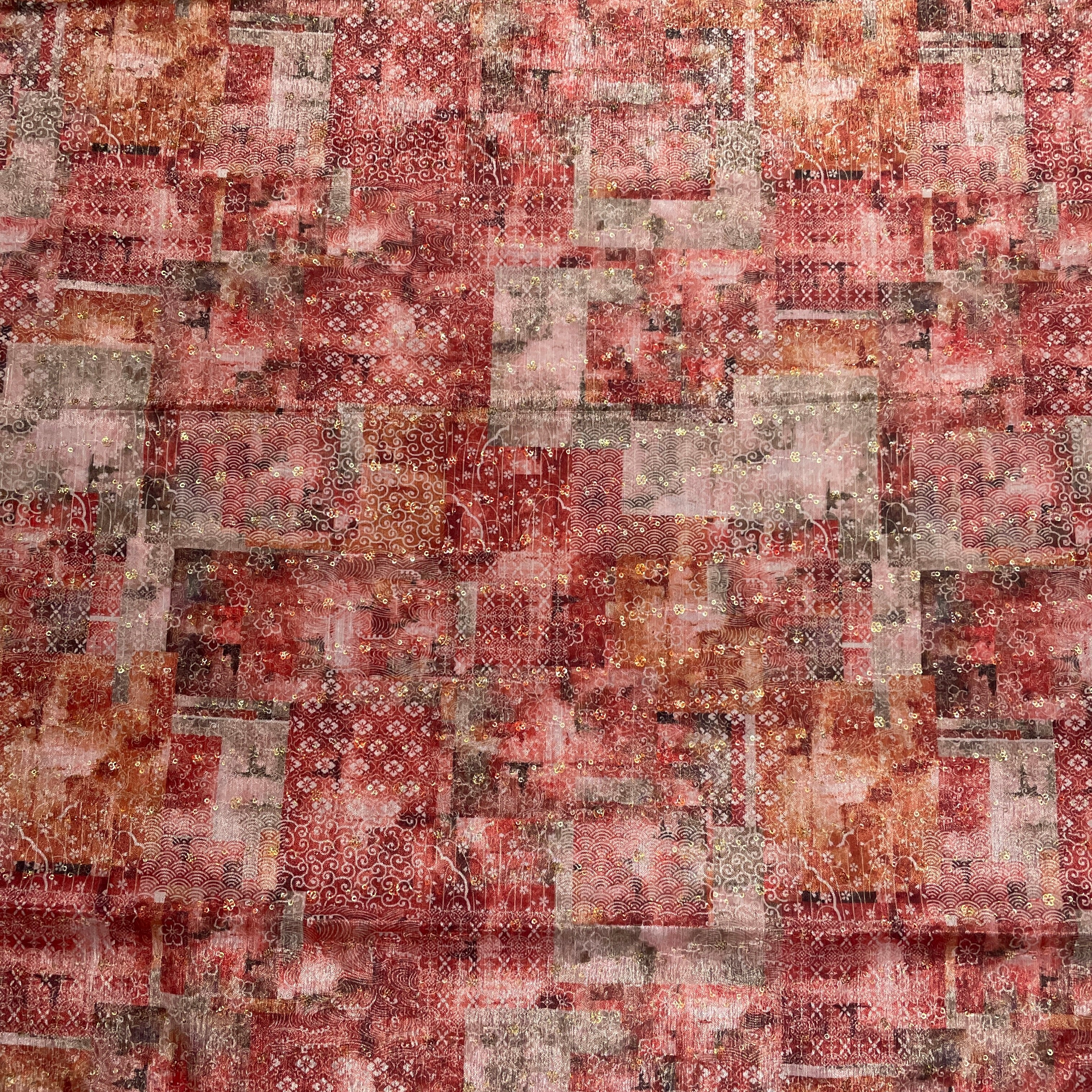 Peach & multicolor Traditional print Chinon Fabric - TradeUNO