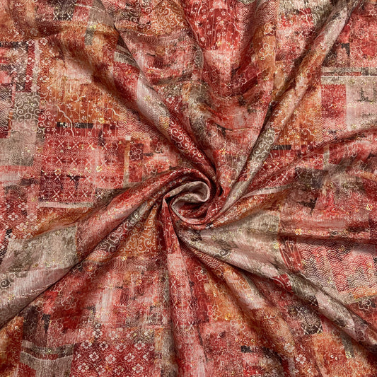 Peach & Multicolor Traditional Print Chinon Fabric