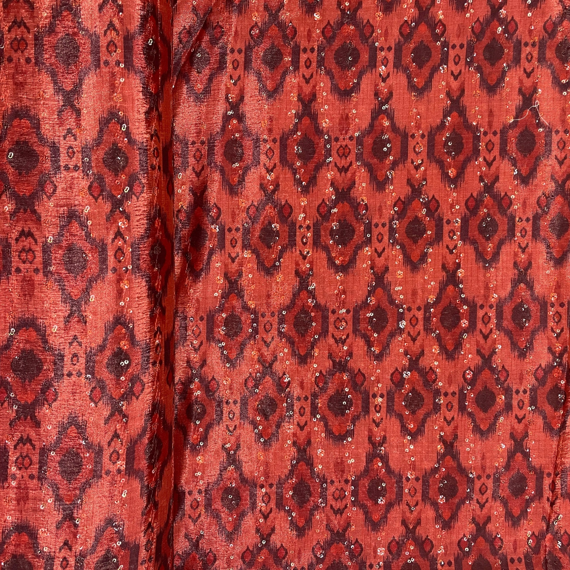 Red & Brown Ikkat Print Chinon Fabric - TradeUNO