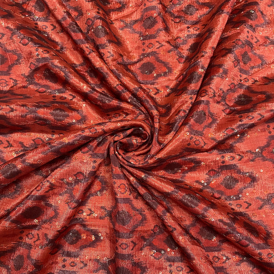 Red & Brown Ikkat Print Chinon Fabric