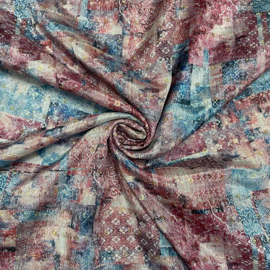 Blue & Multicolor Traditional Print Chinon Fabric
