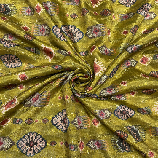 Olive Green & Multicolor Traditional Print Chinon Fabric