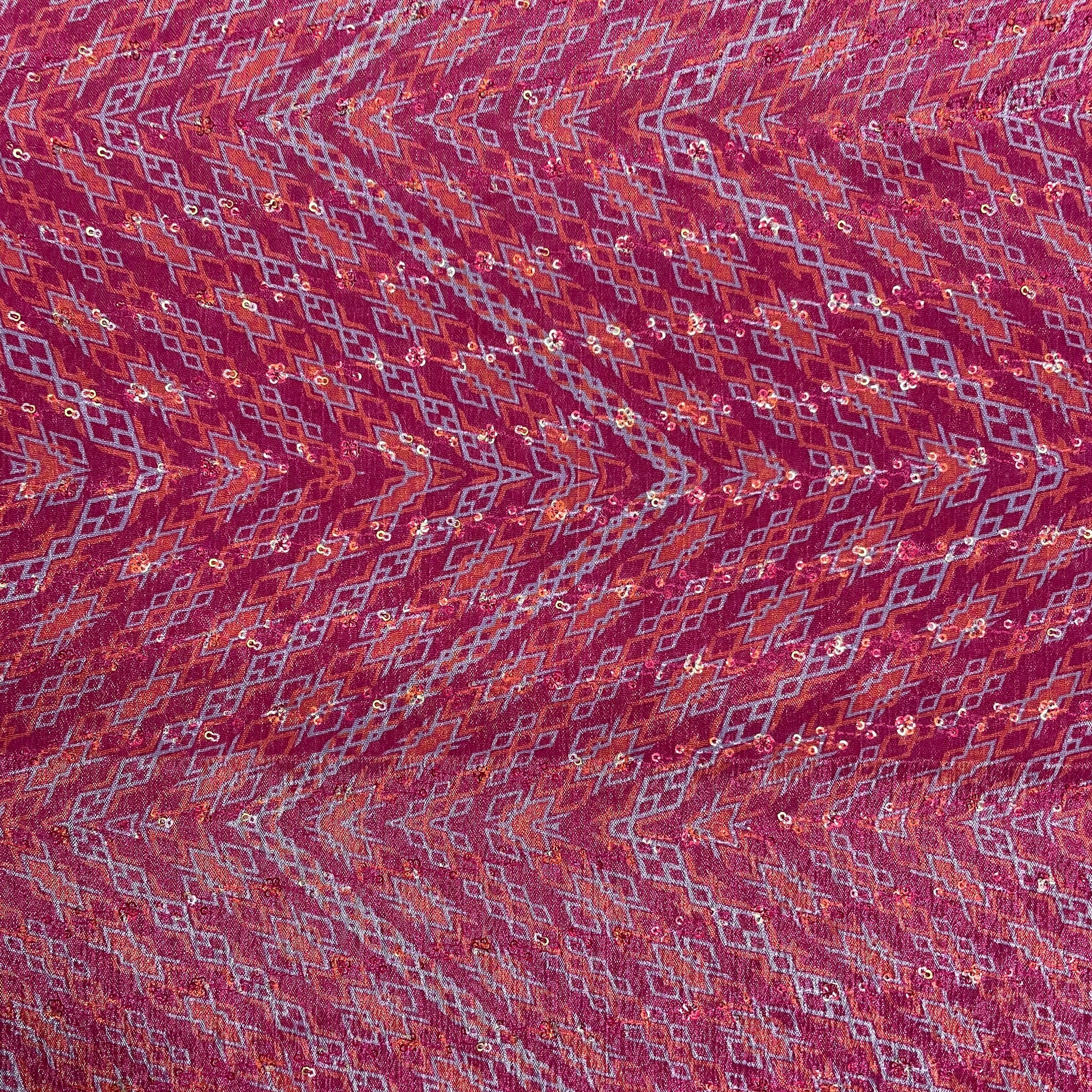 Pink & Multicolor Chevron Print Chinon Fabric - TradeUNO