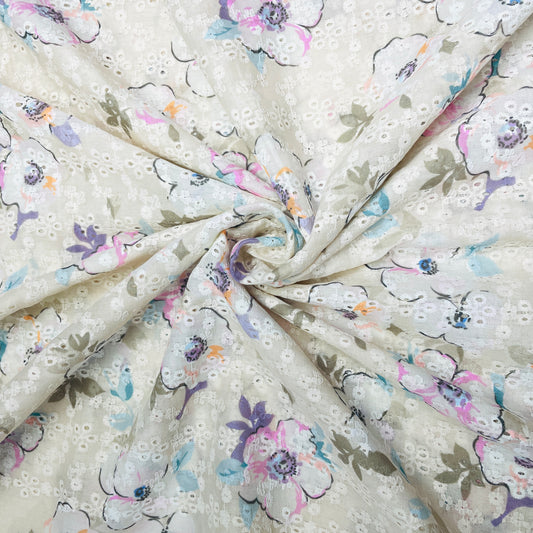 Cream & White Floral Embroidery Cotton Schiffli Fabric