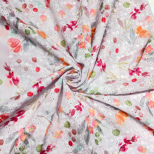Purple & Multicolor Floral Embroidery Cotton Schiffli Fabric
