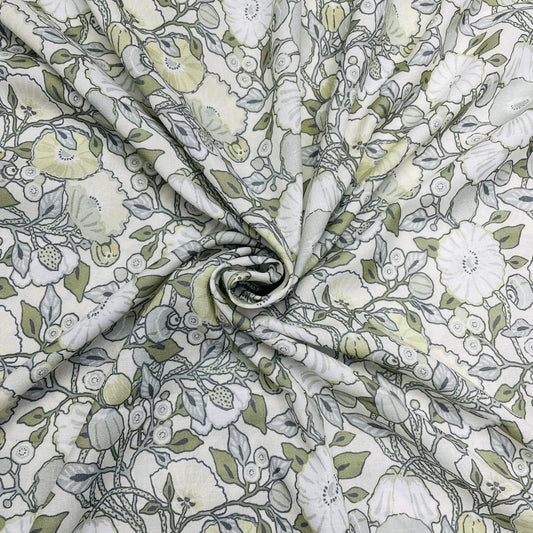 White & Green Floral Print Linen Fabric