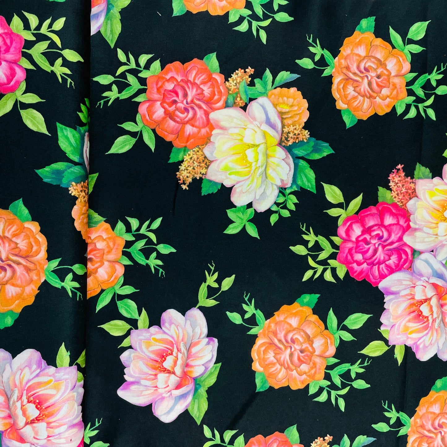 Black & Multicolor Floral Print Modal Satin Fabric - TradeUNO