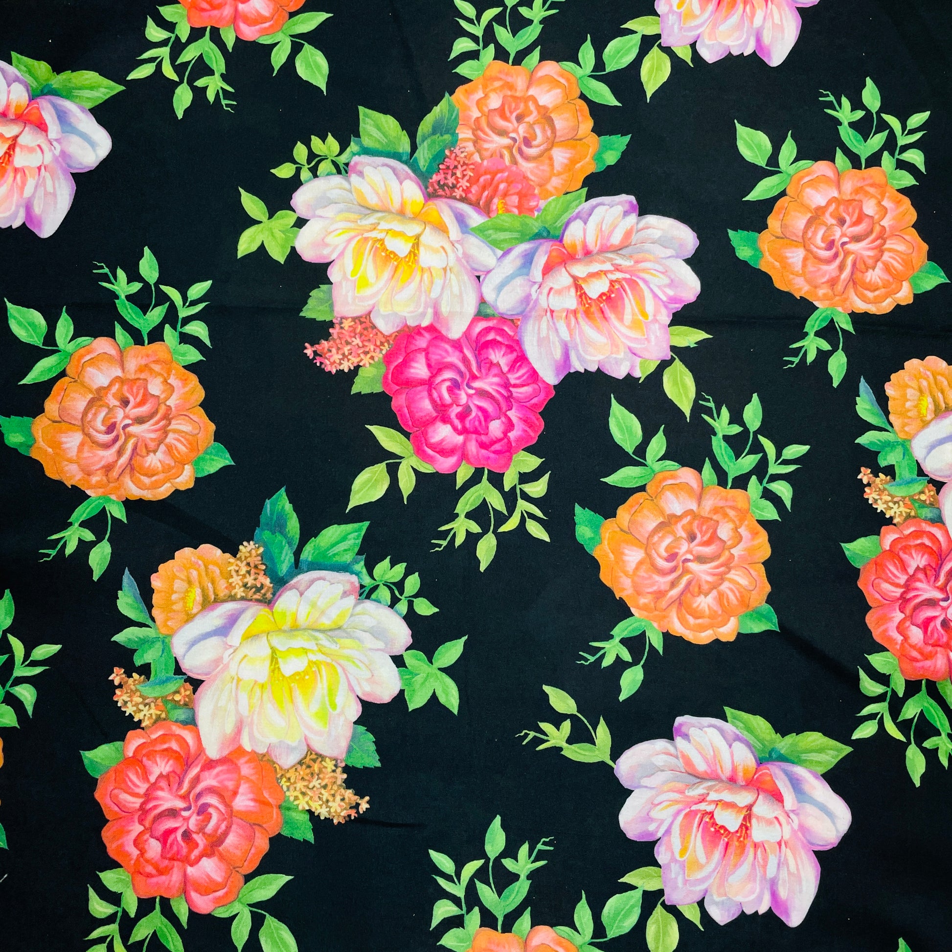 Black & Multicolor Floral Print Modal Satin Fabric - TradeUNO