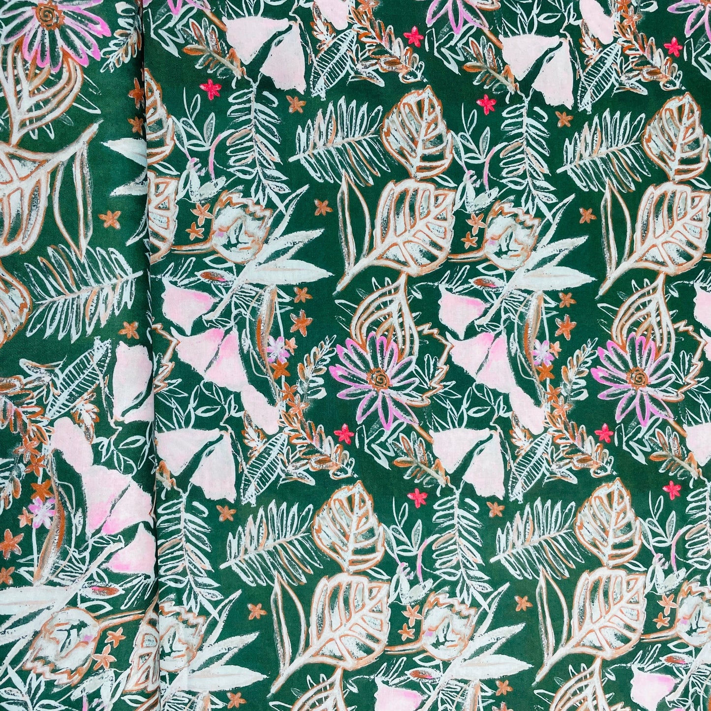Dark Green & Pink Floral Print Modal Satin Fabric - TradeUNO