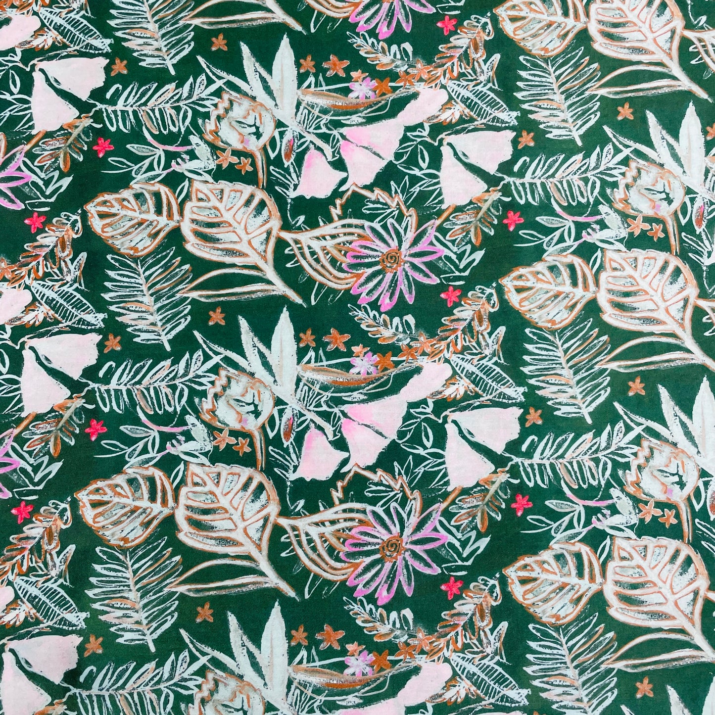 Dark Green & Pink Floral Print Modal Satin Fabric - TradeUNO