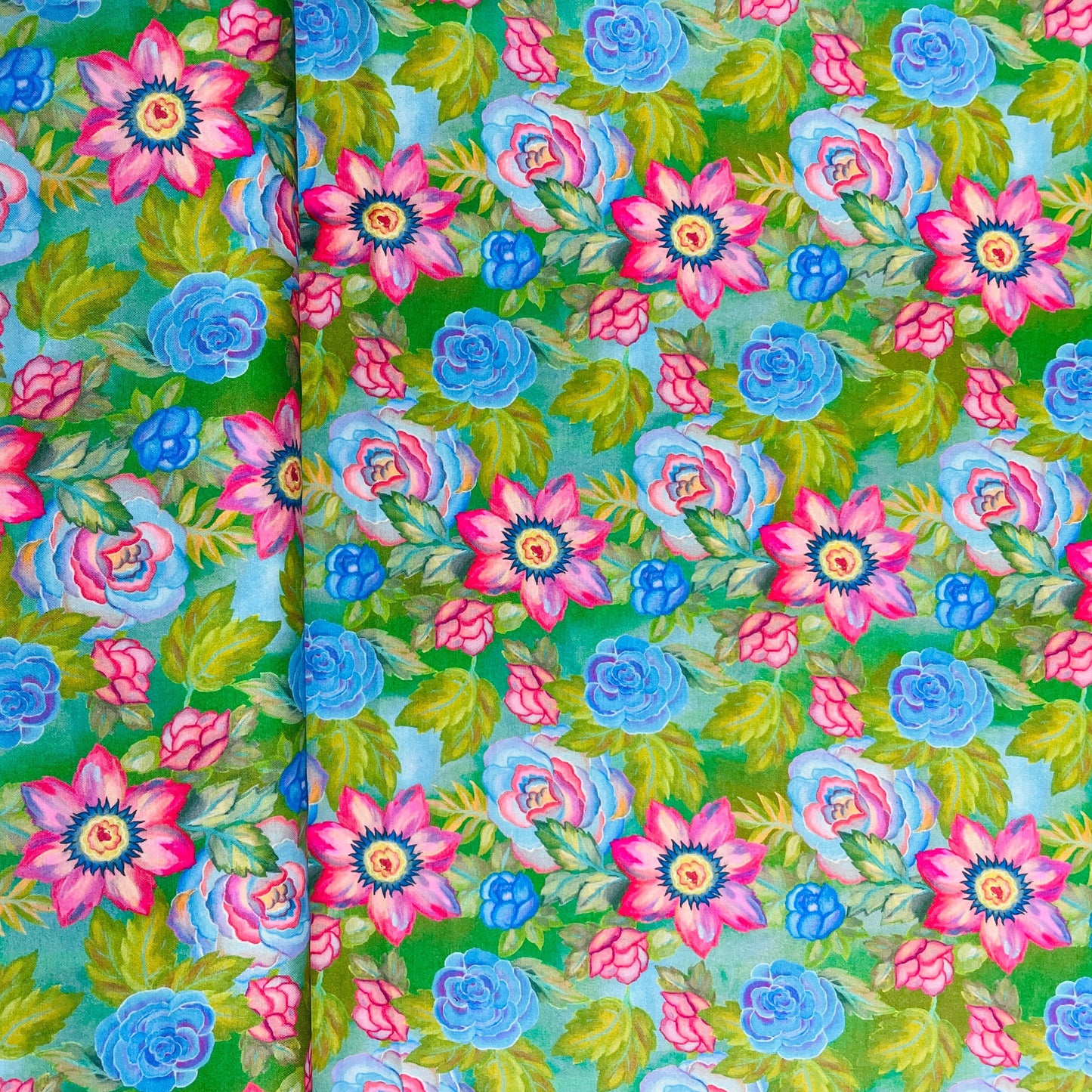 Green With Pink & Blue Floral Print Modal Satin Fabric - TradeUNO