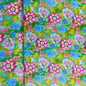 Green With Pink & Blue Floral Print Modal Satin Fabric - TradeUNO