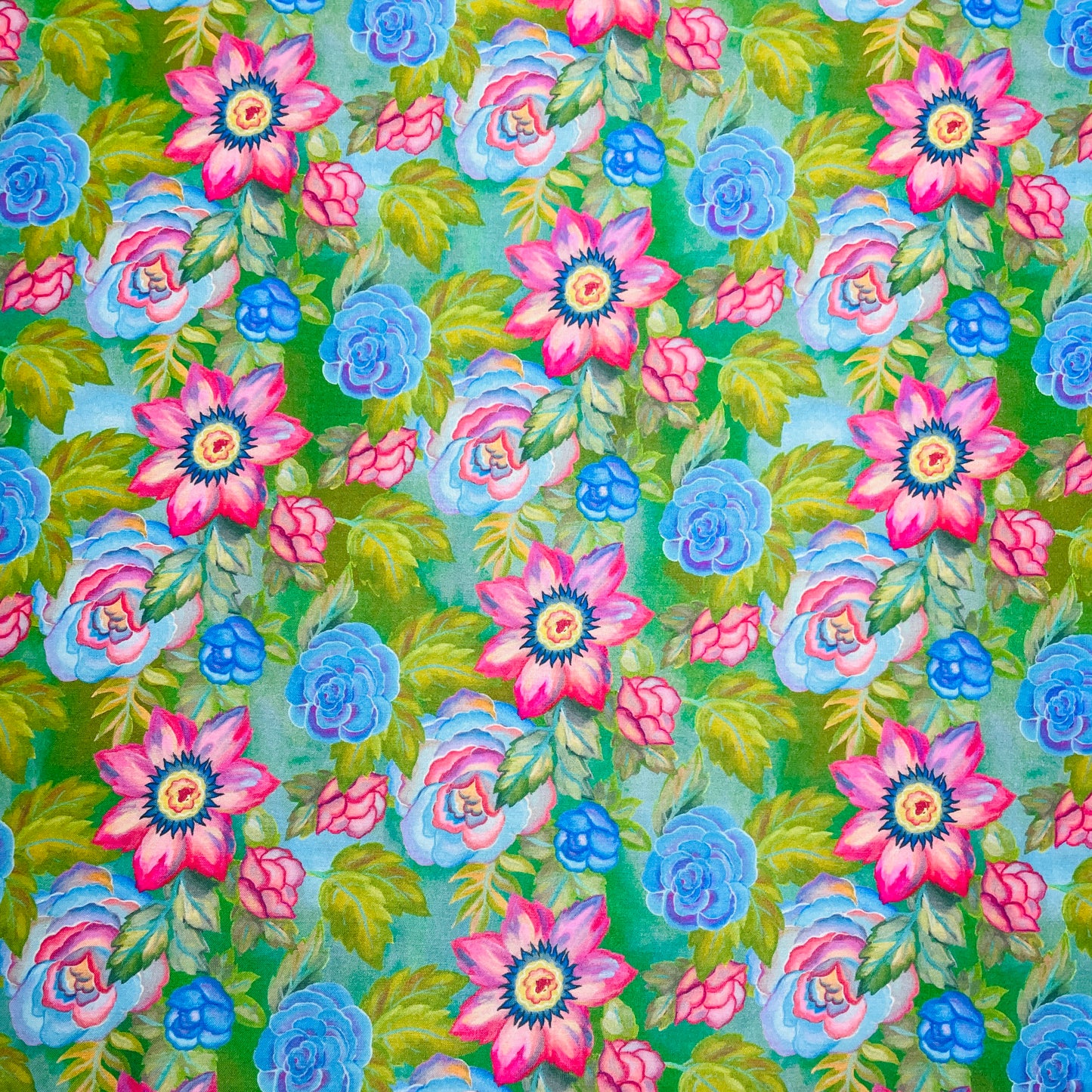 Green With Pink & Blue Floral Print Modal Satin Fabric - TradeUNO