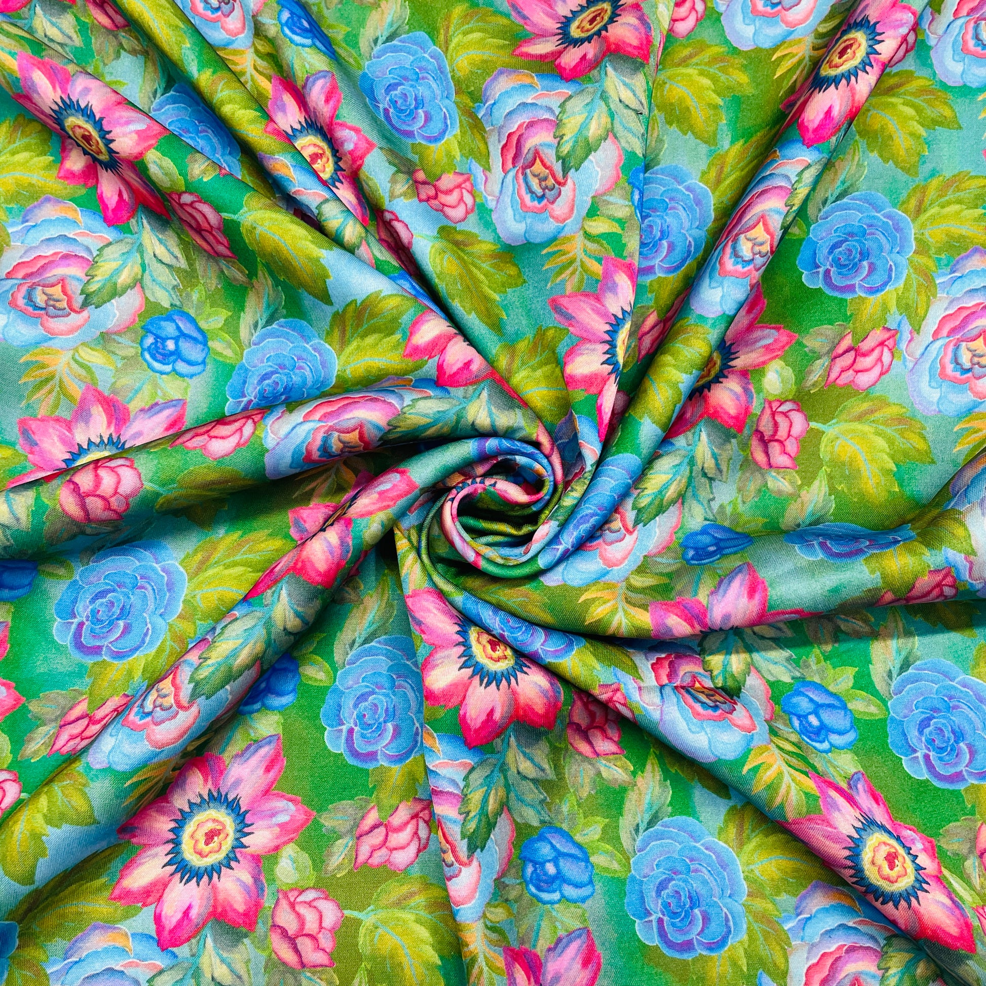 Green With Pink & Blue Floral Print Modal Satin Fabric - TradeUNO