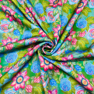 Green With Pink & Blue Floral Print Modal Satin Fabric - TradeUNO