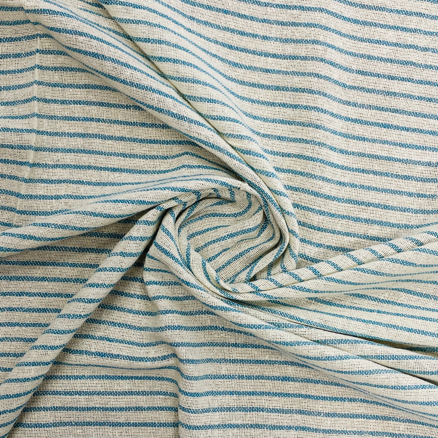 Cream & Skyblue Stripe Cotton Handloom Fabric - TradeUNO