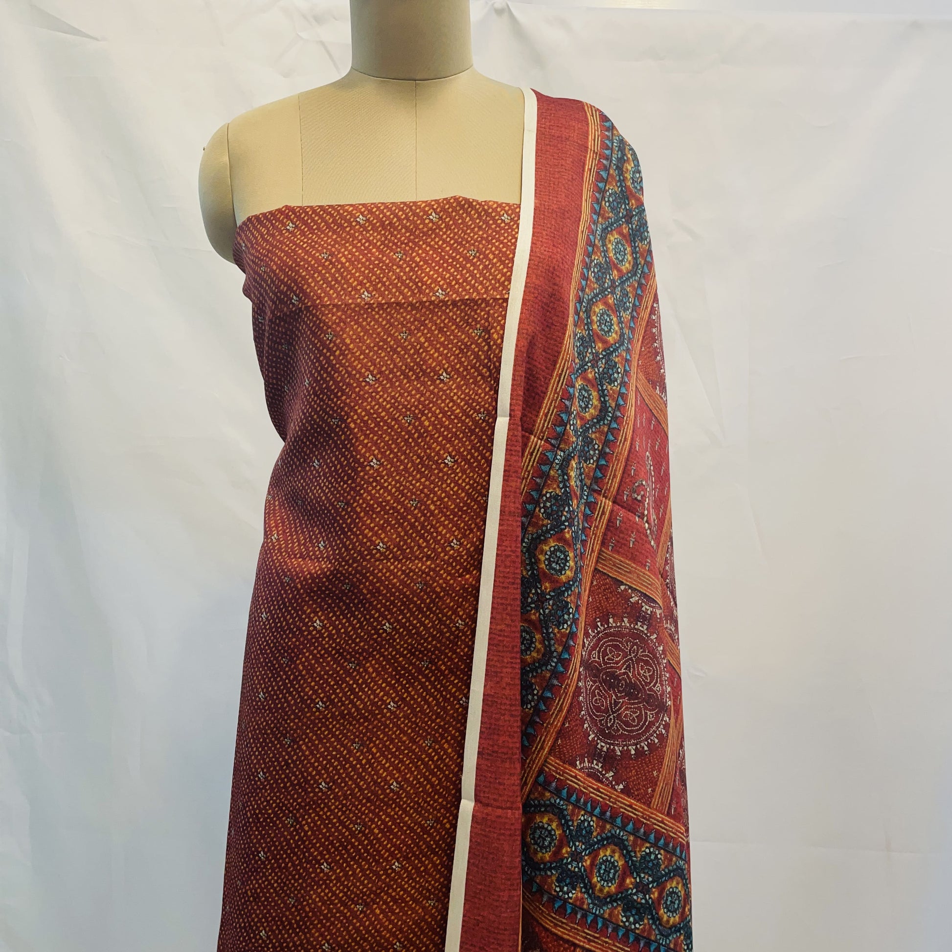 Classic Red Brown Bandhani Print  Manipuri Silk Suit Set With Dupatta