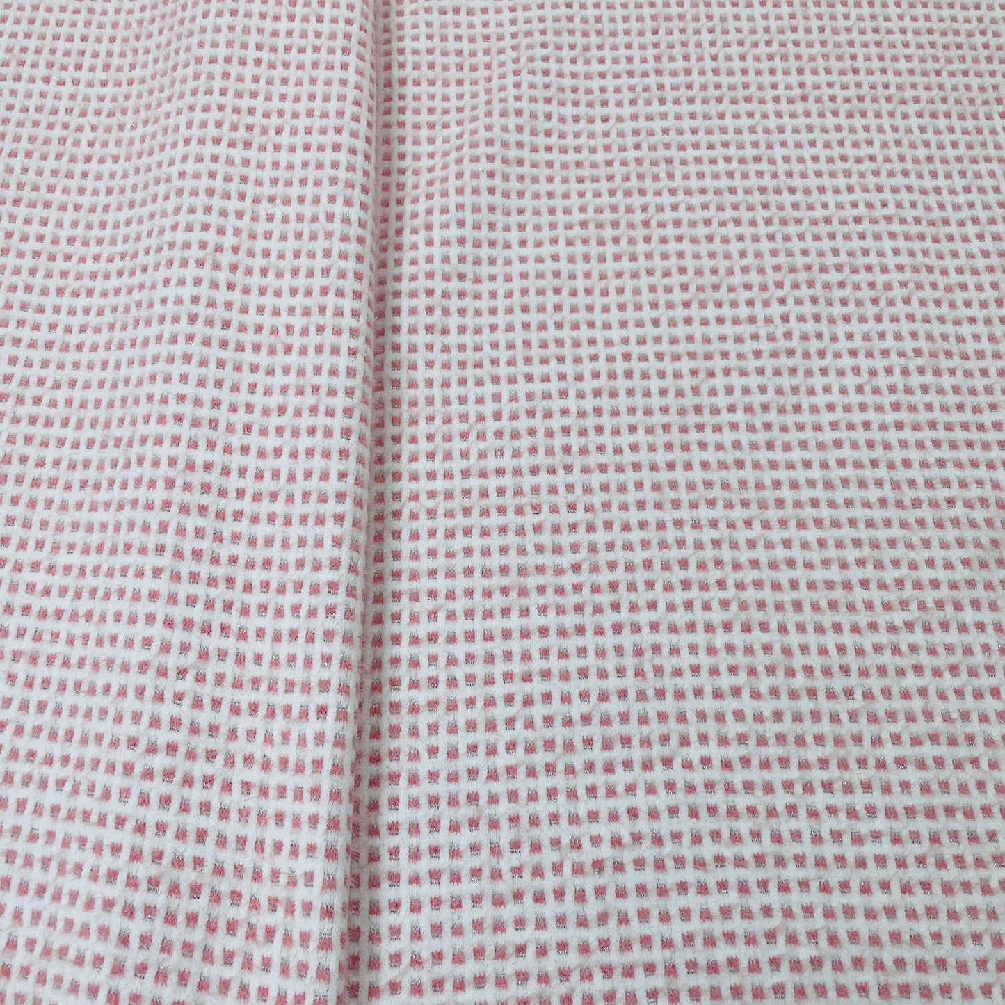 Classic Peach Pink White Check Print Woollen Tweed Lycra Fabric