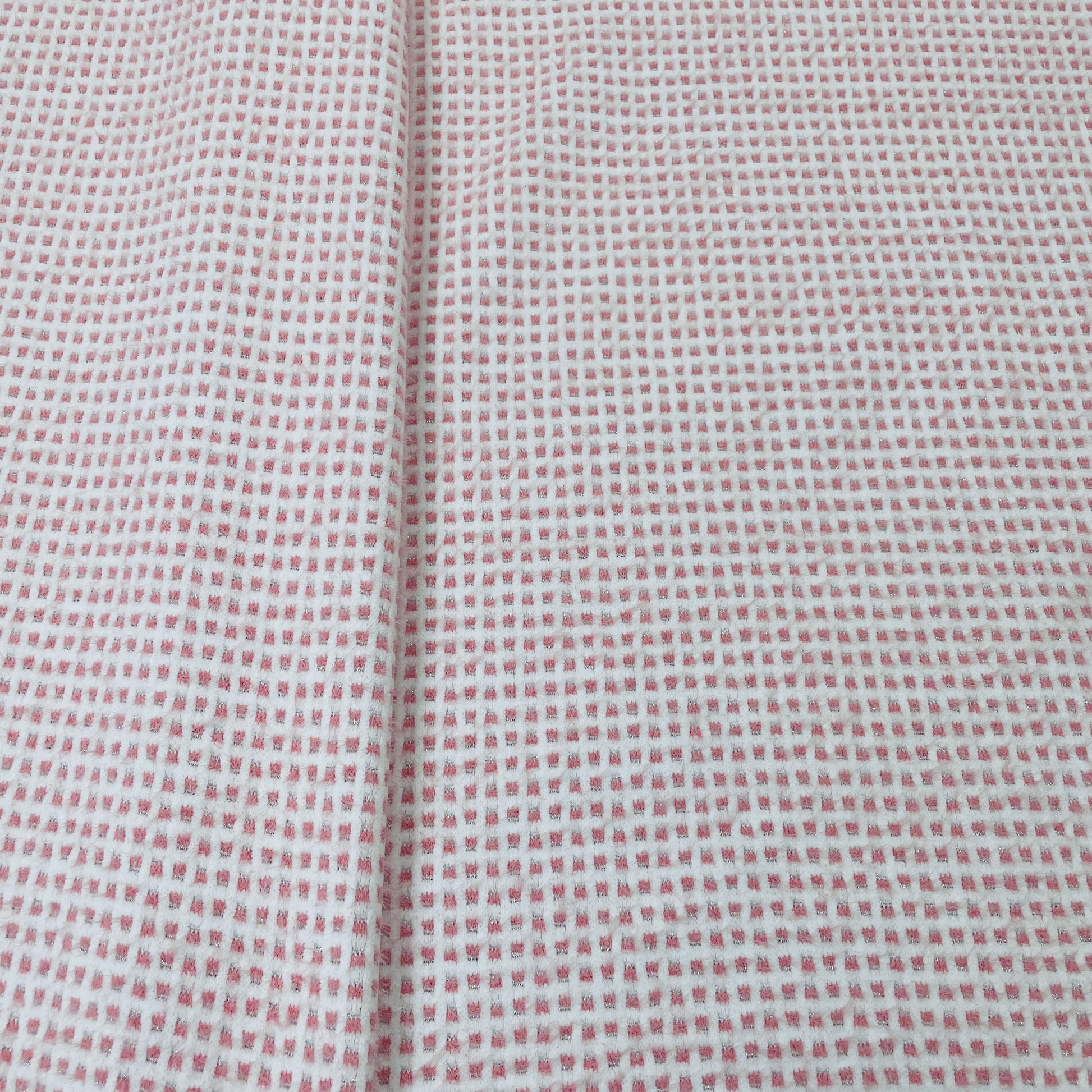 Classic Peach Pink White Check Print Woollen Tweed Lycra Fabric