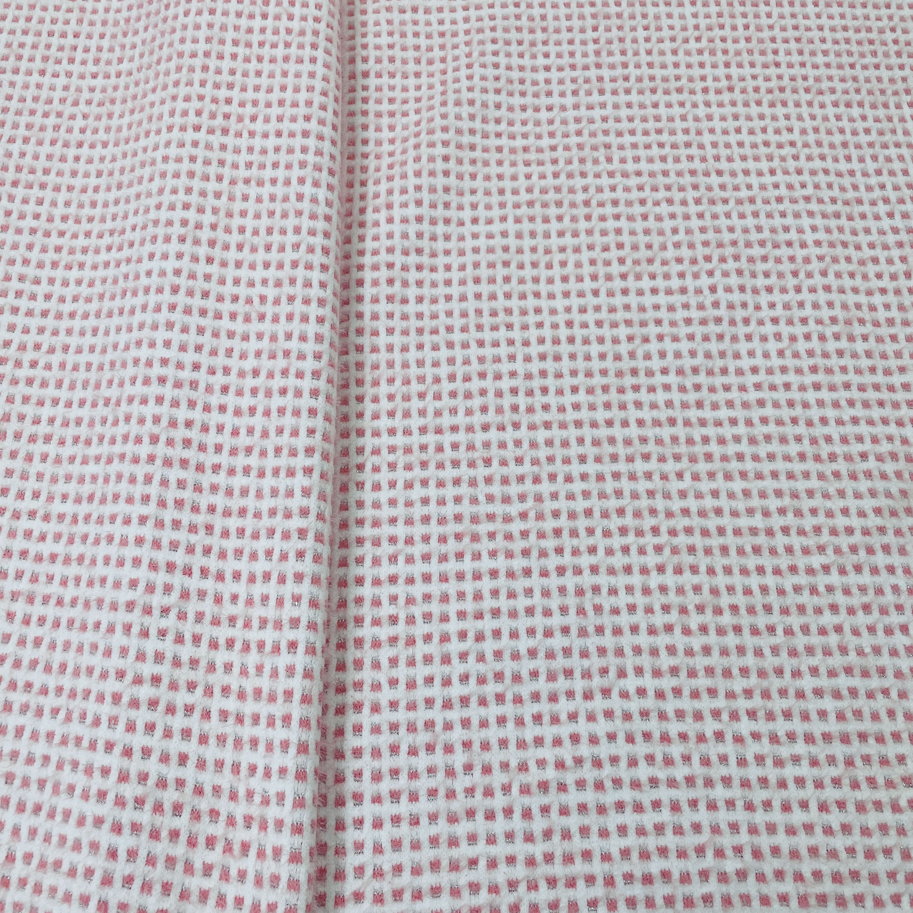 Classic Peach Pink White Check Print Woollen Tweed Lycra Fabric