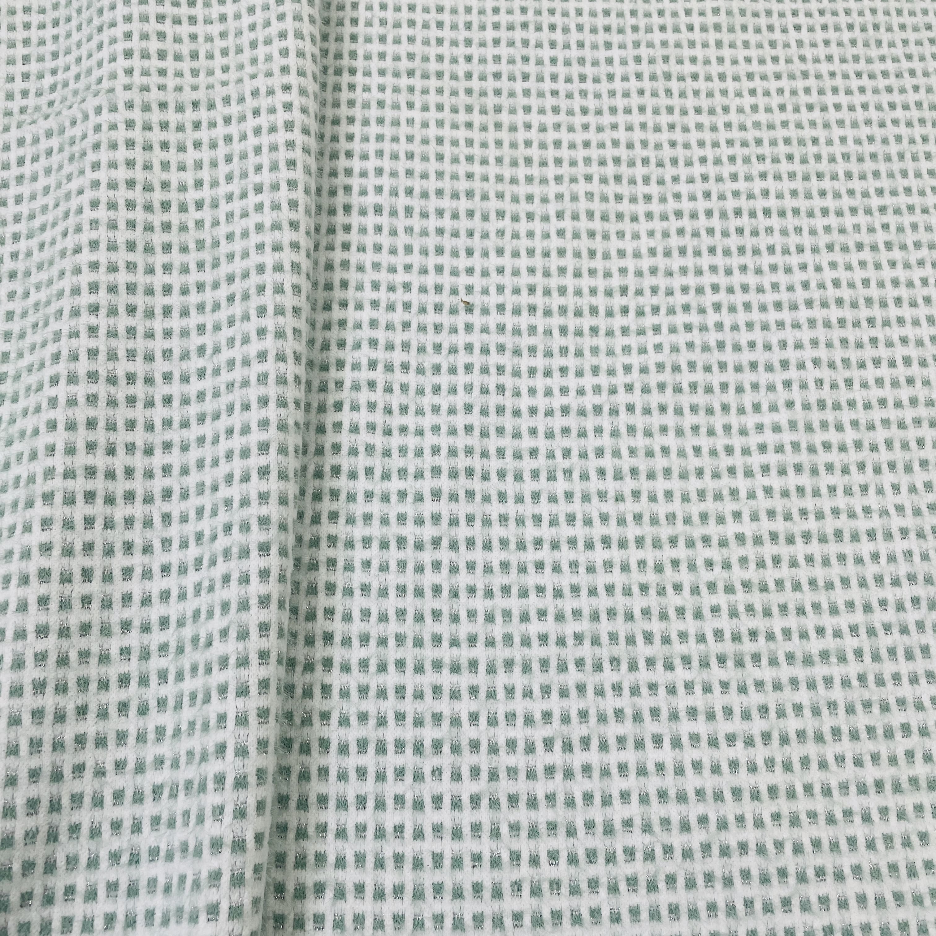 Classic Green White Check Print Woollen Tweed Lycra Fabric