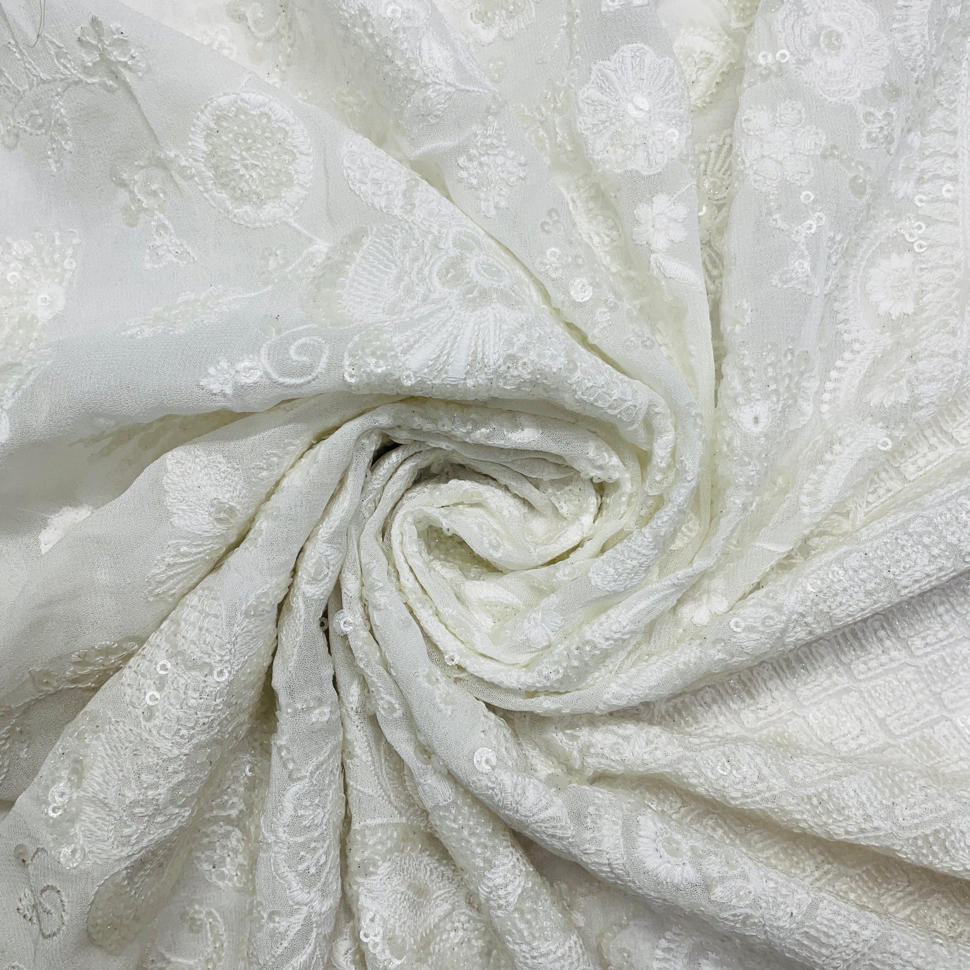white traditional sequence embroidery dyeable georgette fabric